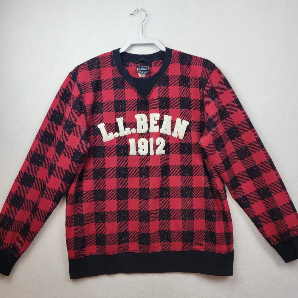 LL Bean Sweatshirt Men Medium Red Pullover Spell Out‎ Buffalo Plaid Traditional